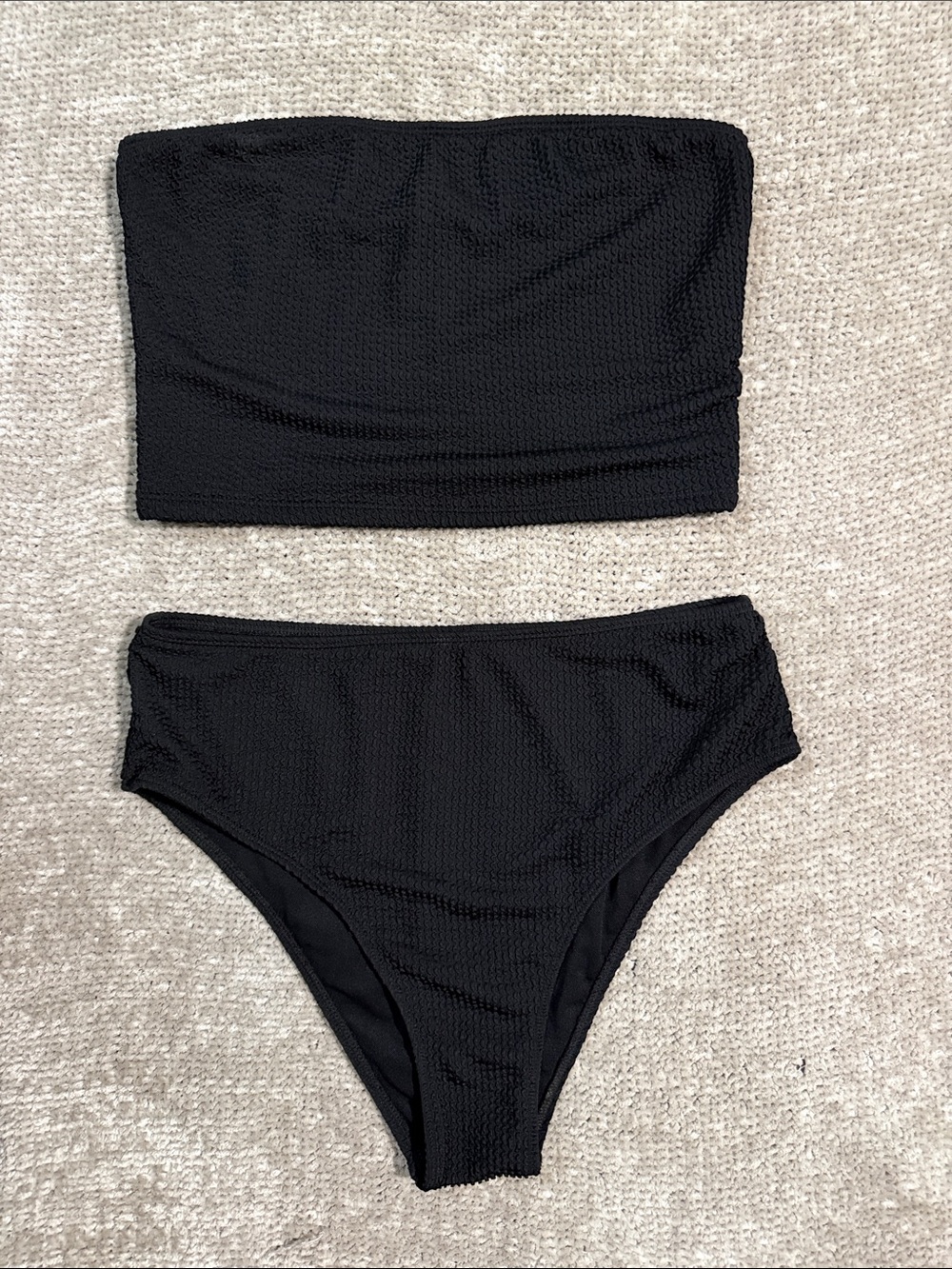 Black Textured Strapless Bikini Set